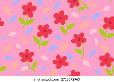 Un alegre patrón floral sin fisuras con flores rojas brillantes y hojas verdes sobre un fondo rosa suave, acentuado por puntos abstractos coloridos para una sensación juguetona.