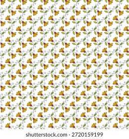 Um padrão floral alegre e sem emenda com flores amarelas, folhas verdes e acentos vermelhos sutis. Ideal para têxteis, papéis de parede, tecidos e superfícies decorativas,