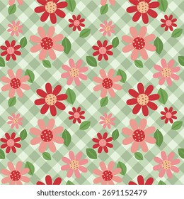 Alegre padrão floral sem emenda com flores rosa e vermelhas. Este lindo padrão de tecido repetitivo no fundo de gingham verde evoca sentimento primavera feliz