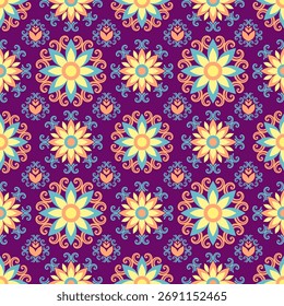 Fondo de Vector de patrón floral sin fisuras alegre ideal para la impresión de tela. La ilustración decorativa del ornamento crea el diseño textil hermoso con sensación vintage