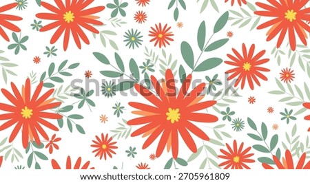 Cheerful seamless floral pattern with vibrant red-orange gerbera daisies and green leaves on a fresh white background for spring.