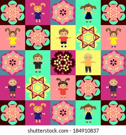 cheerful seamless pattern abstract colorful pattern with happiness children and flower