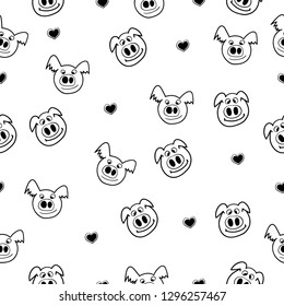 Cheerful seamless pattern with black and white cute pigs. Vector illustration.  Seamless pattern can be used for wallpaper, pattern fills, textures.