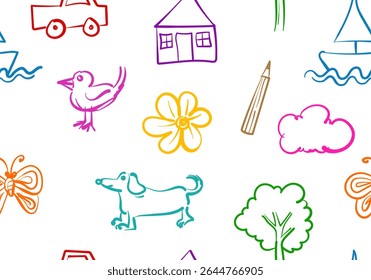 A cheerful seamless pattern of colorful doodle-style drawings featuring animals, houses, cars, flowers, and more. Perfect for children’s designs, education, and creative projects.