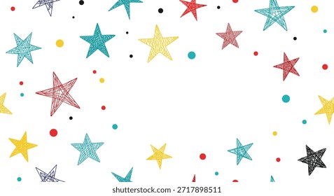 Cheerful seamless pattern with colorful hand drawn stars and dot clusters on a white background perfect for kids room wallpaper.