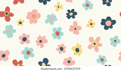 Cheerful seamless pattern with colorful simple flowers in a cute hand-drawn groovy style for a retro and playful background.