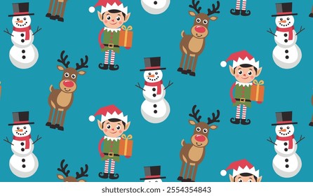 A cheerful seamless pattern combining reindeer, Santas elves, and snowmen on a teal background for holiday designs