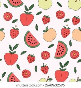 A cheerful seamless pattern of cute cartoon summer fruits. This playful doodle design with apples, strawberries, and watermelon is perfect for children's products or fun, fresh picnic themes