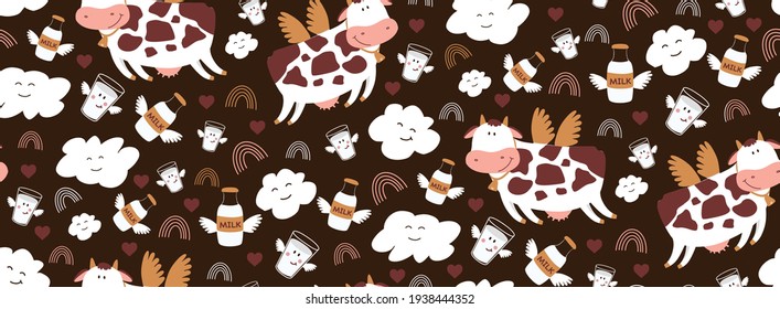 Cheerful seamless pattern.
Cute flying cow. Against a dark background. Children's drawing. Illustration for children. I love milk. Cartoon drawing of milk, clouds. Winged milk bottle and glass.
