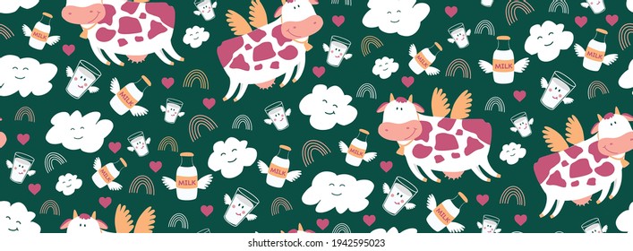 Cheerful seamless pattern.
Cute flying cow. On a green background. Children's drawing. Illustration for children. I love milk. Cartoon drawing of milk, clouds. Winged milk bottle and glass.
