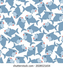 Alegre patrón sin costuras con un tiburón lindo en un fondo blanco. Educación para niños, cuentos de hadas y páginas de colorido. Ilustración vectorial en estilo plano