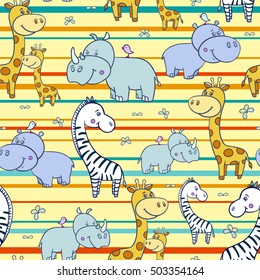 cheerful Seamless pattern with cute smiling Hippo and,Rhino,zebra, giraffe with spots on a striped yellow background.Cartoon hippopotamus.Vector illustration for children.Print for textile,paper.