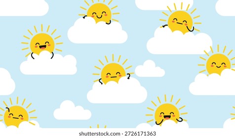 Patrón sin fisuras alegre de soles amarillos lindos con caras felices que se asoman por detrás de las nubes blancas mullidas en un cielo azul.