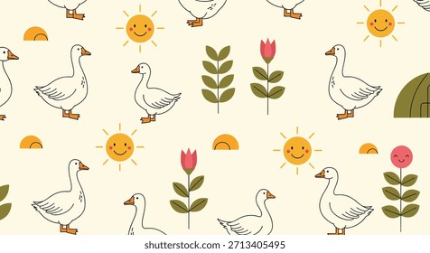 Patrón inconsútil alegre que representa gansos lindos de la historieta, soles sonrientes felices, flores florecientes, y hojas verdes en un fondo beige claro.