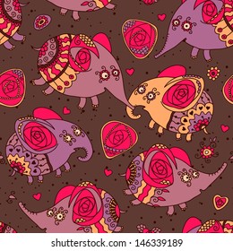 Cheerful seamless pattern with elephants and roses. Vector illustration.