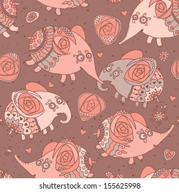 Cheerful seamless pattern with elephants and roses. Vector illustration.