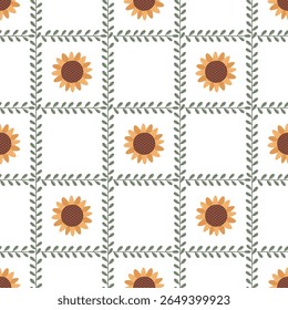 Padrão alegre sem emenda com girassóis amarelos brilhantes colocados dentro de uma grade quadrada decorativa feita de folhas verdes em um fundo branco. Perfeito para embalagens de verão e outono, têxteis