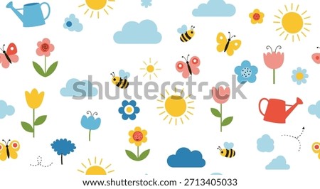 Cheerful seamless pattern featuring bright suns, fluffy clouds, buzzing bees, colorful butterflies, watering cans, and blooming flowers.