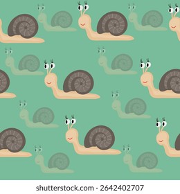 A cheerful seamless pattern featuring cute cartoon snails on a mint green background for children's products, endpaper, fabric, stationery, and playful digital projects.