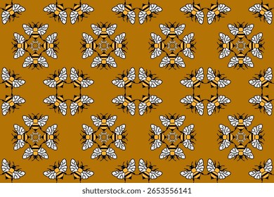 Padrão alegre sem emenda com abelhas pixeladas bonito em amarelo, preto, branco em um fundo âmbar quente. Ideal para a moda infantil, decoração com tema de natureza, fundos digitais, tecido extravagante 
