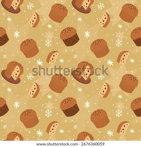 A cheerful seamless pattern featuring festive panettone illustrations, repeating endlessly for holiday packaging, wrapping paper, textiles, and Christmas-themed backgrounds.
