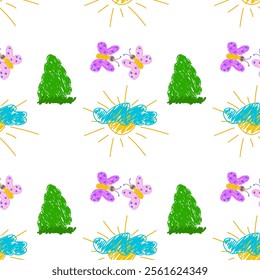 Cheerful seamless pattern featuring green trees, flying butterflies, bright suns, and fluffy clouds on white.