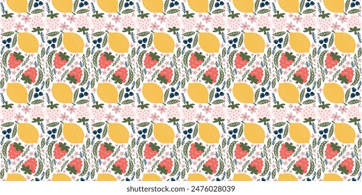 Cheerful seamless pattern featuring illustrations of white strawberries, raspberries, lemons, blackberries, pink flowers, and green leaves, arranged in a playful and modern design.