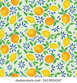 Cheerful seamless pattern featuring illustrations of oranges, lemons, small blue flowers, and green leaves on a light background. Perfect for adding a fresh, fruity, and floral touch. #citrus #floral