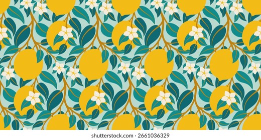 Um padrão contínuo alegre com limões amarelos maduros em um fundo azul-petróleo O design incorpora folhas verdes exuberantes e flores brancas delicadas, criando uma estética de verão vibrante e refrescante