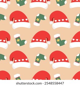 Cheerful seamless pattern featuring Santa hats and green Christmas stockings with stars on a beige background. Perfect for festive designs and holiday wrapping.