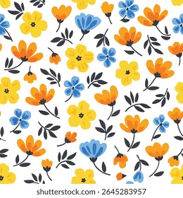 A cheerful seamless pattern featuring scattered, hand-drawn colorful flowers (orange, yellow, blue) and dark grey leaves on a crisp white background. Ideal for textile designs.