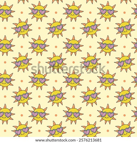 Cheerful seamless pattern featuring smiling suns wearing pink heart-shaped sunglasses with orange polka dots on a cream background