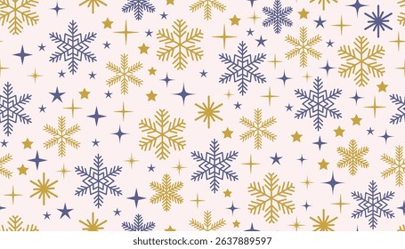 Cheerful seamless pattern featuring snowflakes and stars in flat cartoon style. Ideal for Christmas crafts, greeting cards, textile prints, and holiday digital designs.