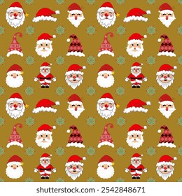 A cheerful seamless pattern featuring various Santa Claus faces, festive hats, and holiday snowflakes on a gold background, perfect for Christmas wrapping paper and holiday decor.