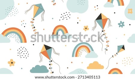 Cheerful seamless pattern featuring a whimsical display of colorful kites soaring alongside fluffy clouds and vibrant rainbows on a bright white background, symbolizing freedom.