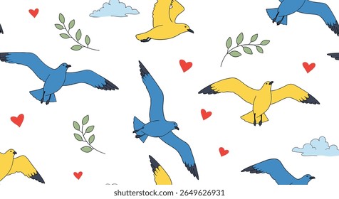 A cheerful seamless pattern of flying seagulls clouds hearts and green branches for a whimsical design