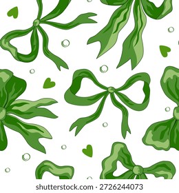 Cheerful seamless pattern of green ribbon bows and hearts, perfect for St. Patrick's Day, Spring, or fresh nature designs
