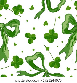 Patrón sin fisuras alegre de lazos de cinta verde, hojas de trébol y corazones, perfecto para el día de San Patricio, primavera o diseños de naturaleza fresca. Ilustración vectorial.