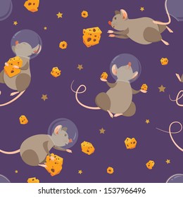 Cheerful seamless pattern with mice in space. Background for 2020 new year. Children's pattern for wallpaper, fabric, wrapping paper. Mice and cheese.