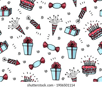 
Cheerful seamless pattern on the theme of the holiday. Hand drawn vector illustration with lettering, cake, firecrackers, flowers and gifts. Birthday background