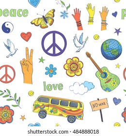 
Cheerful seamless pattern . On a white background multicolored drawings in hippie style. 