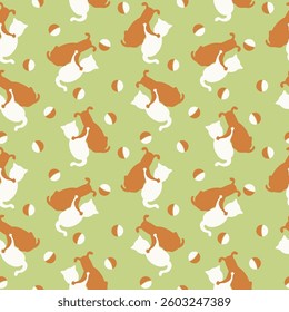 Cheerful seamless pattern in pastel colors, light green and beige about friendship, cat and dog hugging, for fabric, knitwear, children's print for clothes, Vector