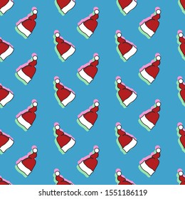 Cheerful seamless pattern of red Santa Claus hats, white pompom and lapel caps, pink and green shadow, blue background. Great for decorating  gift wrapping, printed materials, or other design.