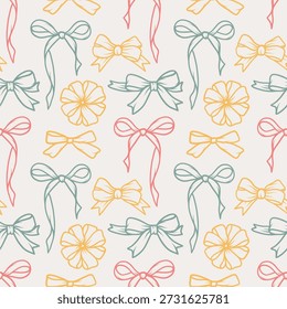 Patrón sin fisuras alegre con filas de lazos rojos, verdes y naranjas sobre un fondo blanco liso para envoltura de regalos y diseños textiles festivos.