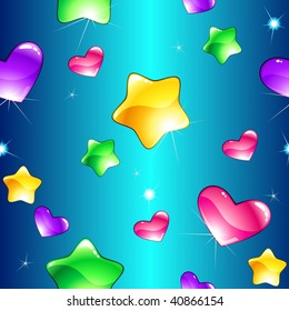 Cheerful seamless pattern with shiny hearts and stars (vector); a JPG version is also available