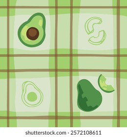 A cheerful seamless pattern showcasing avocados, both whole and sliced, over a warm, hand-drawn checkerboard background.