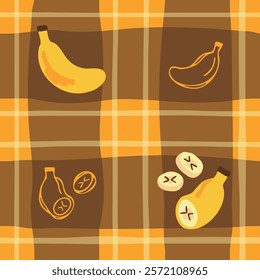 A cheerful seamless pattern showcasing bananas, both whole and sliced, over a warm, hand-drawn checkerboard background.