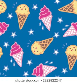 A cheerful seamless pattern showcasing colorful pink and yellow ice cream cones on a dark blue background filled