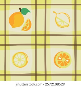 A cheerful seamless pattern showcasing lemons, both whole and sliced, over a warm, hand-drawn checkerboard background.