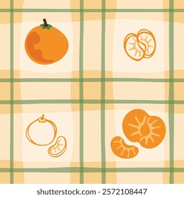 A cheerful seamless pattern showcasing oranges, both whole and sliced, over a warm, hand-drawn checkerboard background.